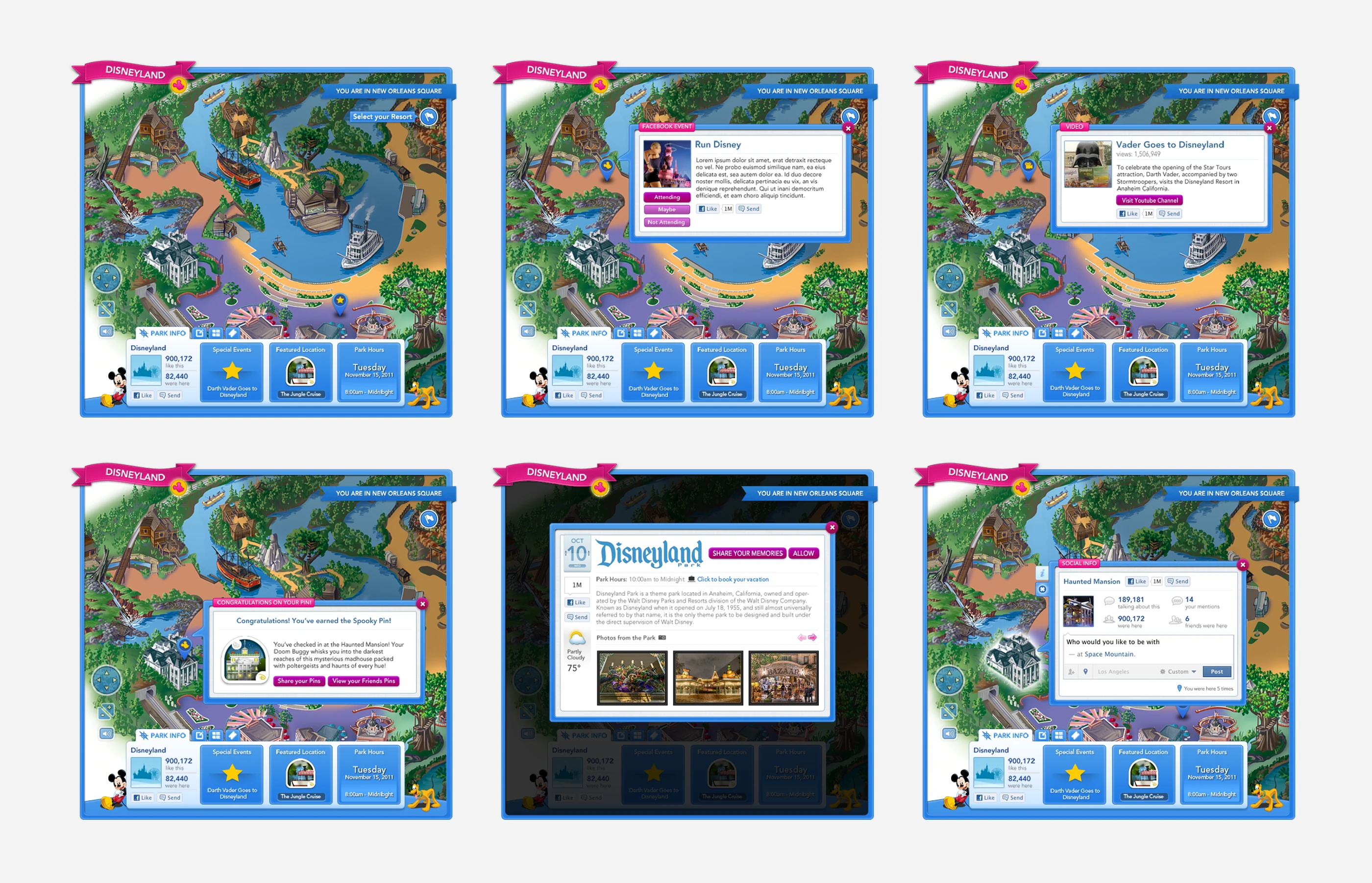 Disney Parks Facebook app: the park map with events, videos, a pin earned and park info