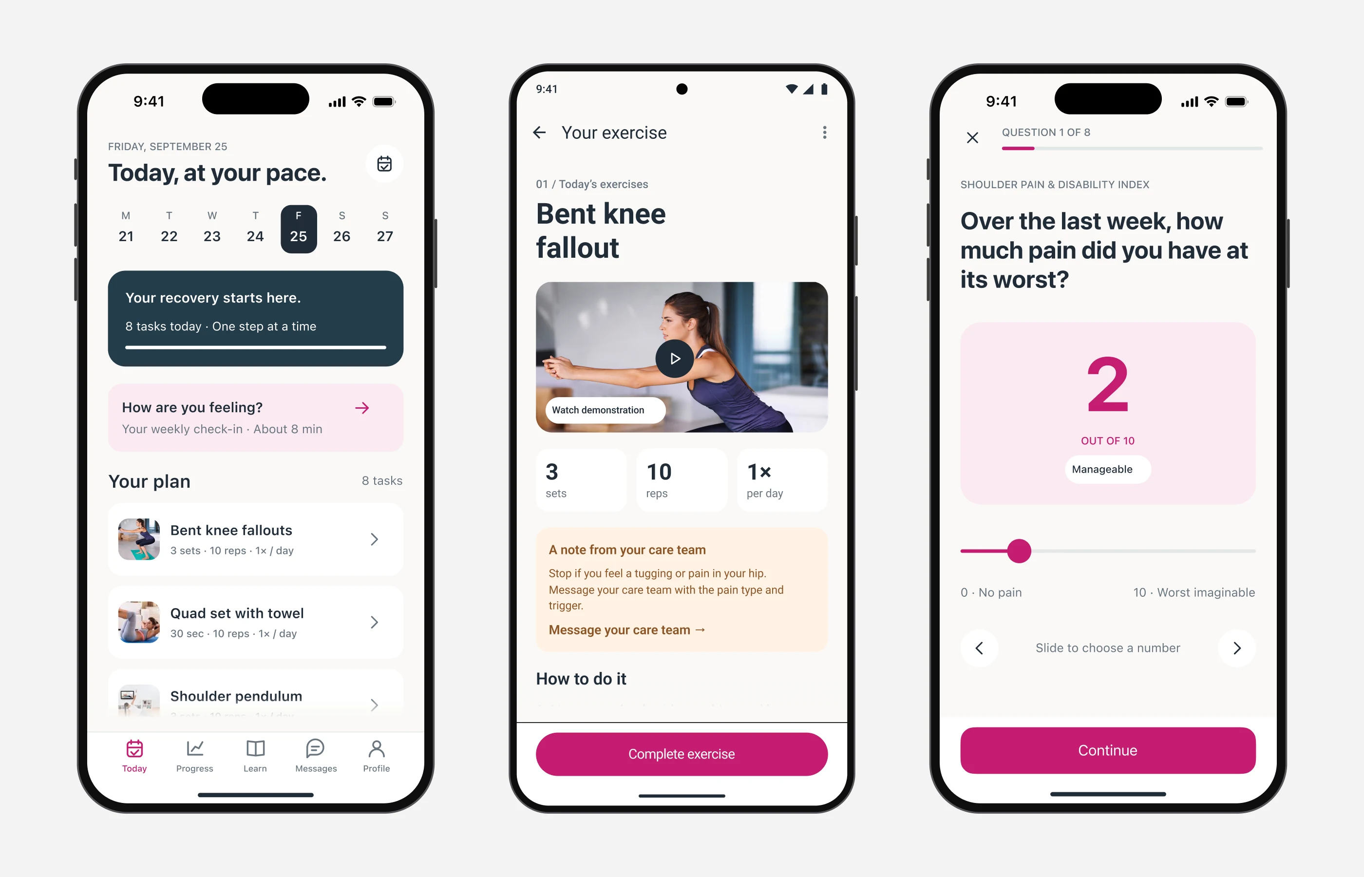 Patient app: today and check-in on iPhone, an exercise on Android