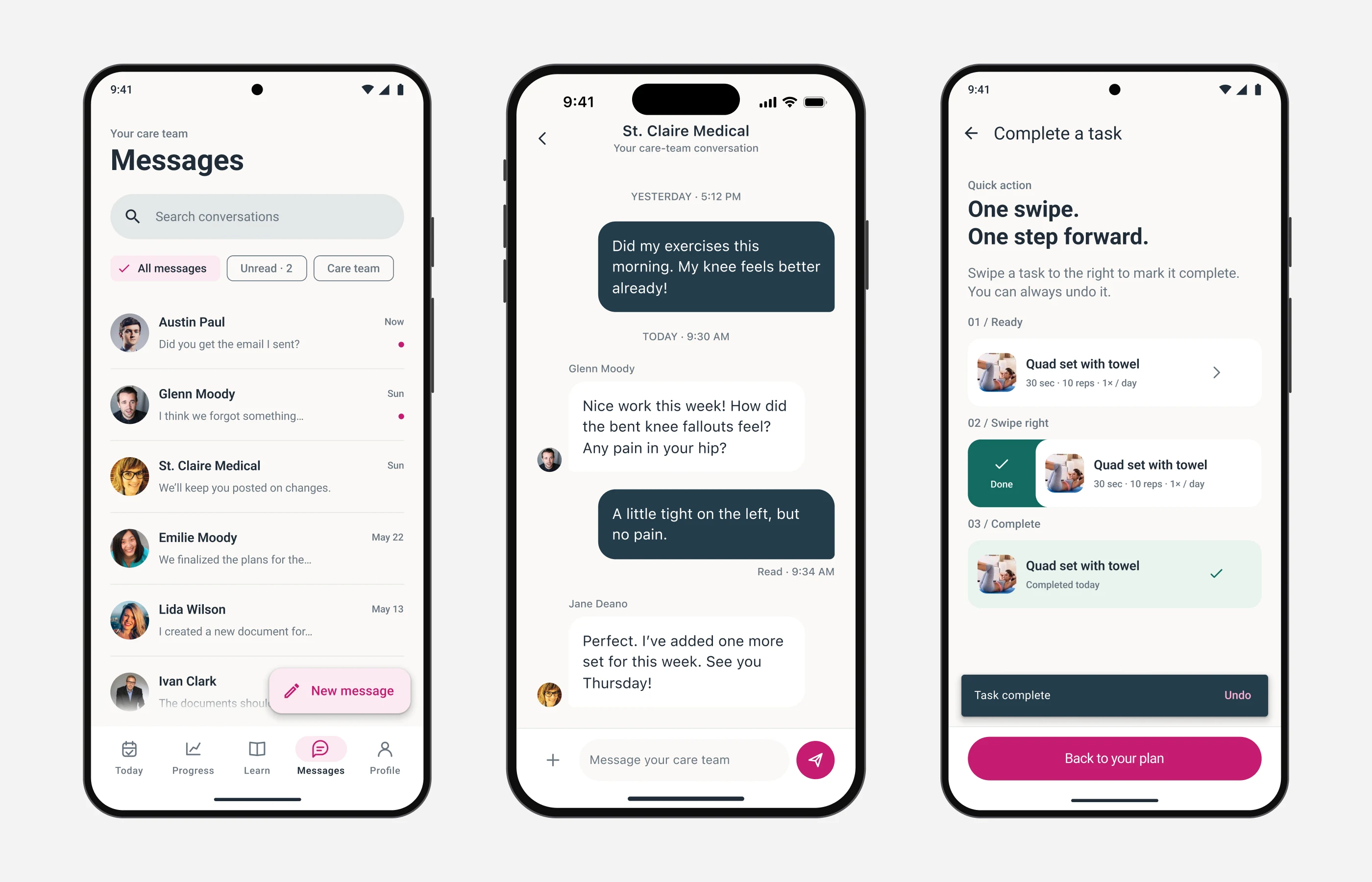 Patient app: messages and swipe to complete on Android, a conversation on iPhone