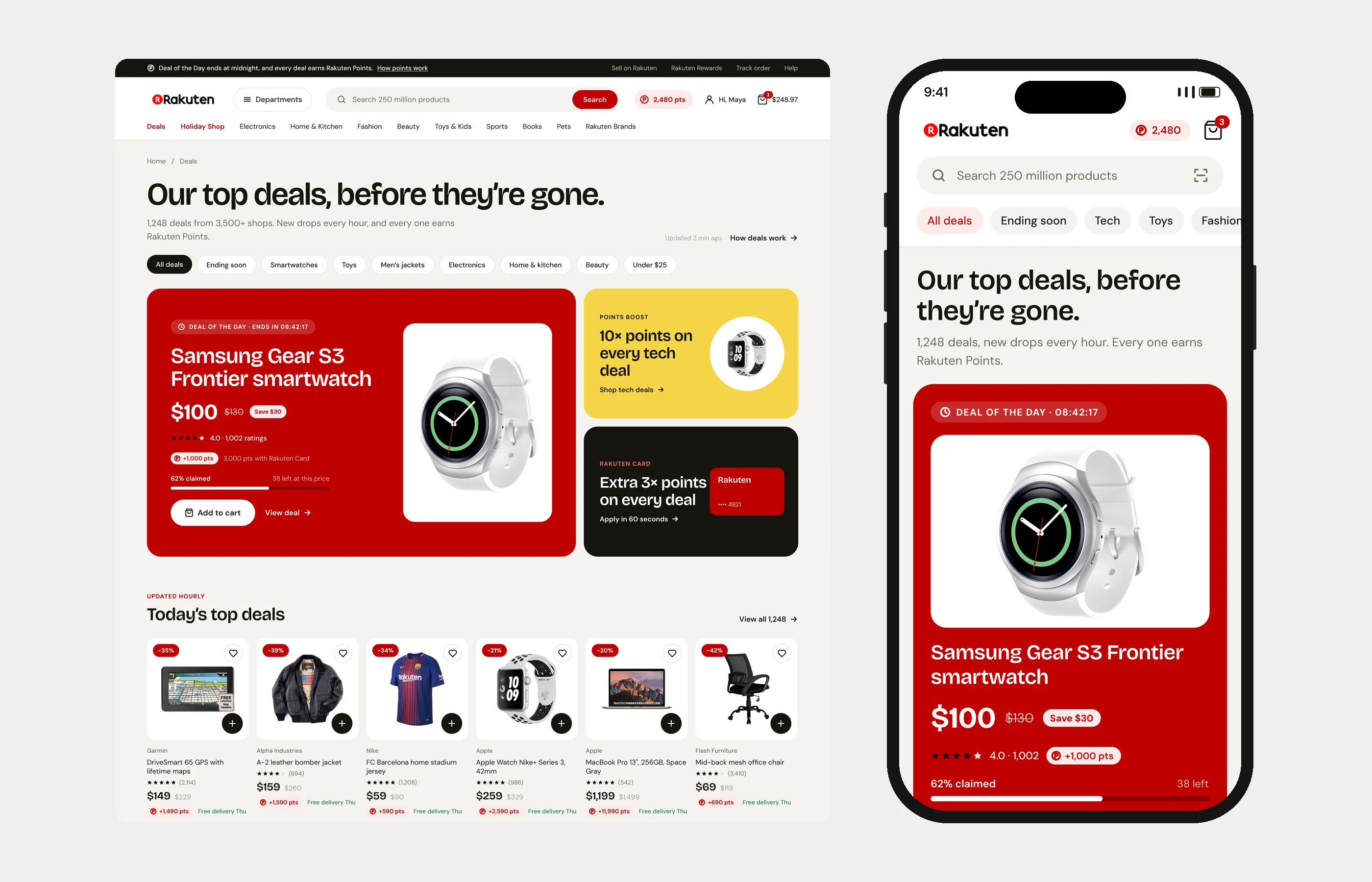 Deals page on desktop and iPhone: deal of the day, points boosts and today's top deals with points on every card
