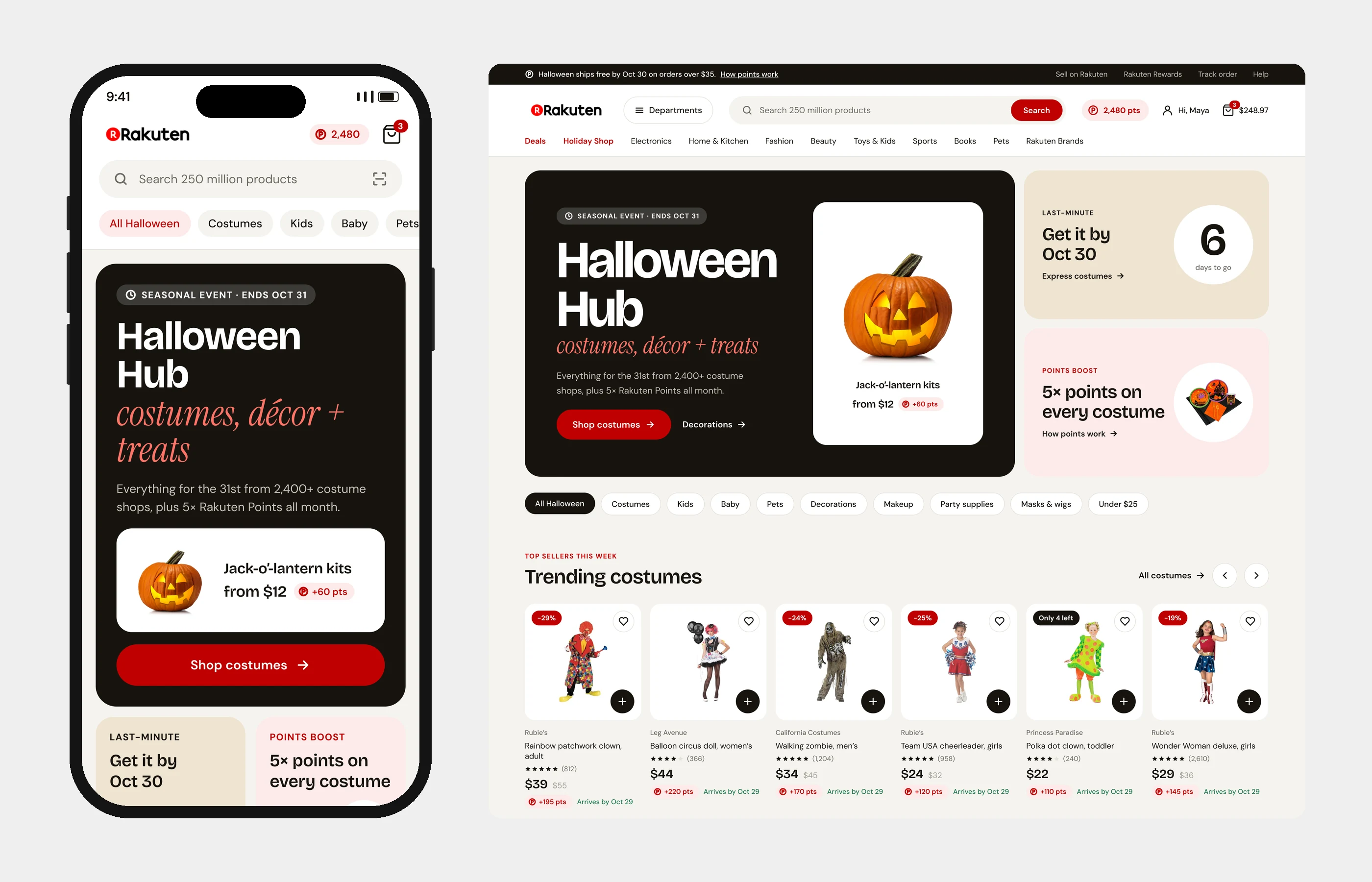 Halloween Hub on iPhone and desktop: the event hero, category chips and trending costumes