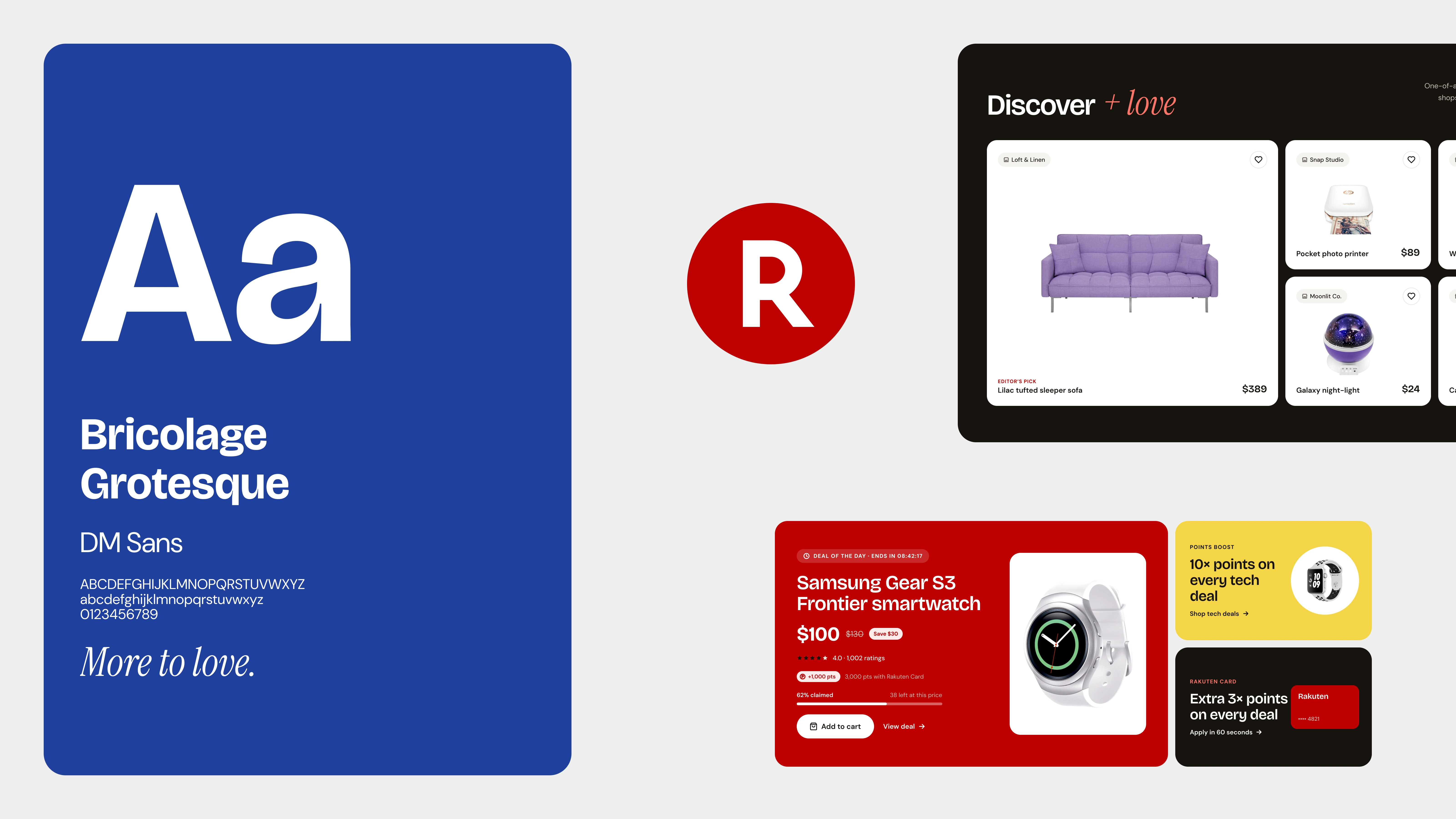 Product page with size grid and points earned, next to search results with filter chips
