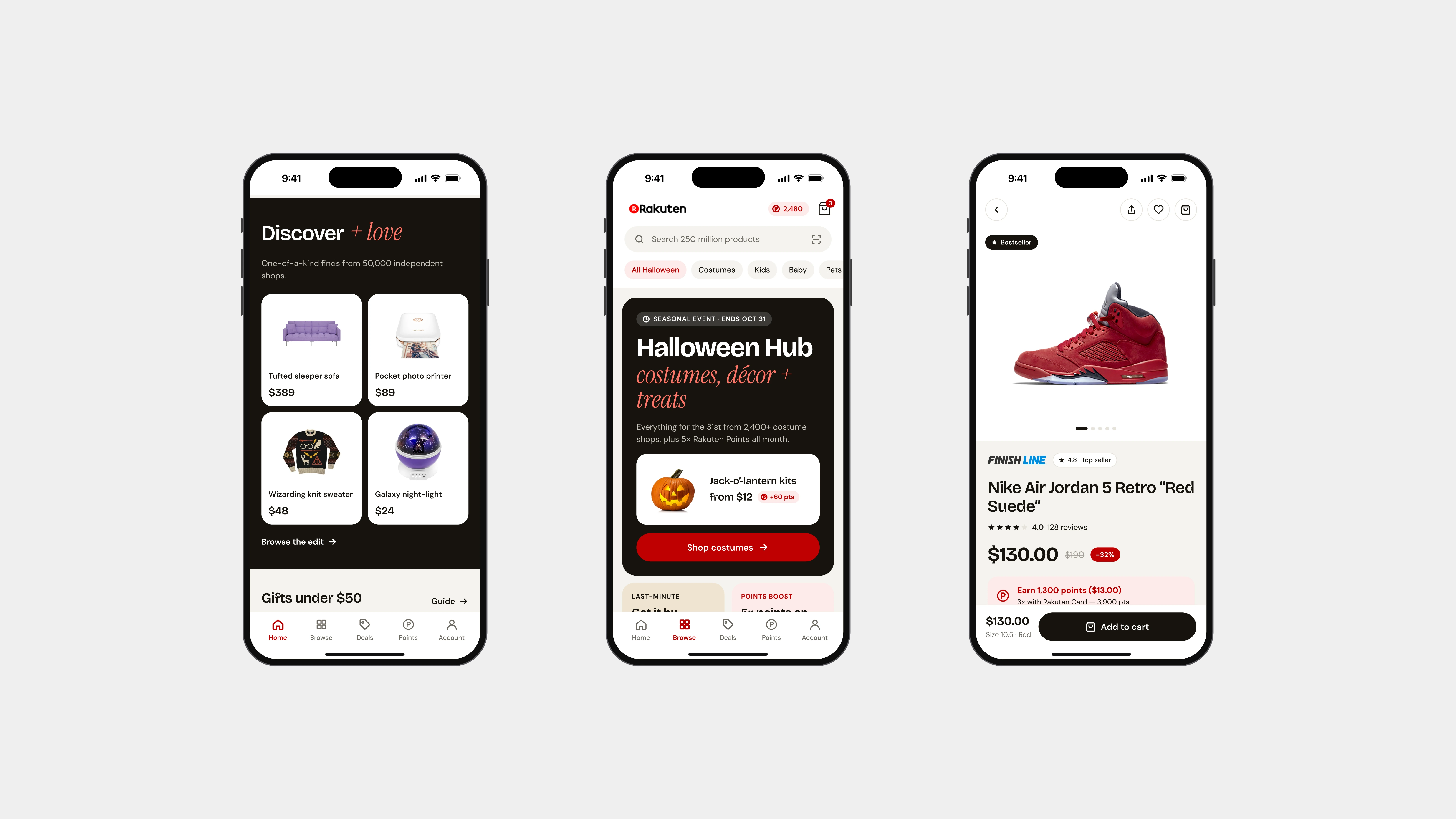 Five mobile screens: home, product page, search, deals and the Halloween Hub